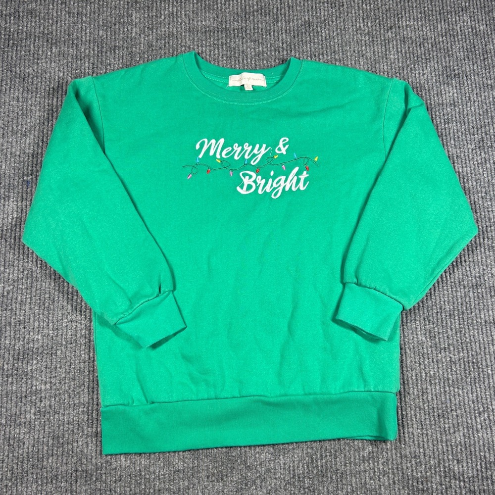 State of Mine Sweatshirt Womens XS Merry & Bright ChristmasGreen Holiday Graphic